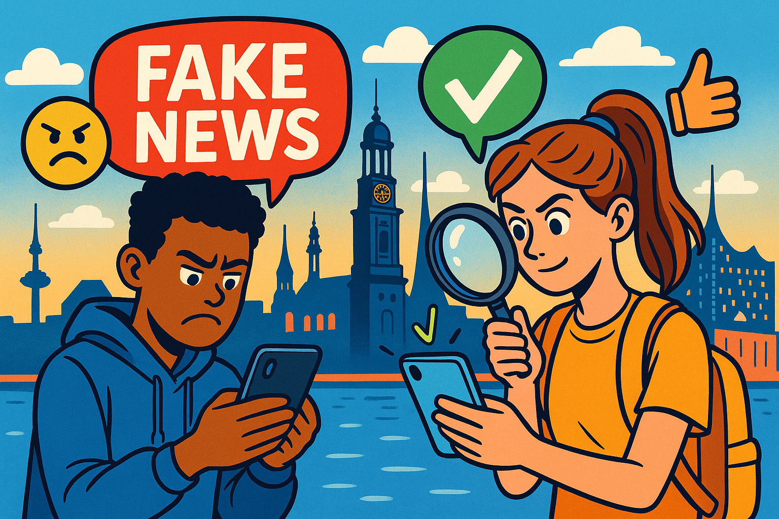 zwei Kinder, die FakeNews auf ihrem Smartphone aufspüren. Im Hintergrund die Hamburg Skyline.